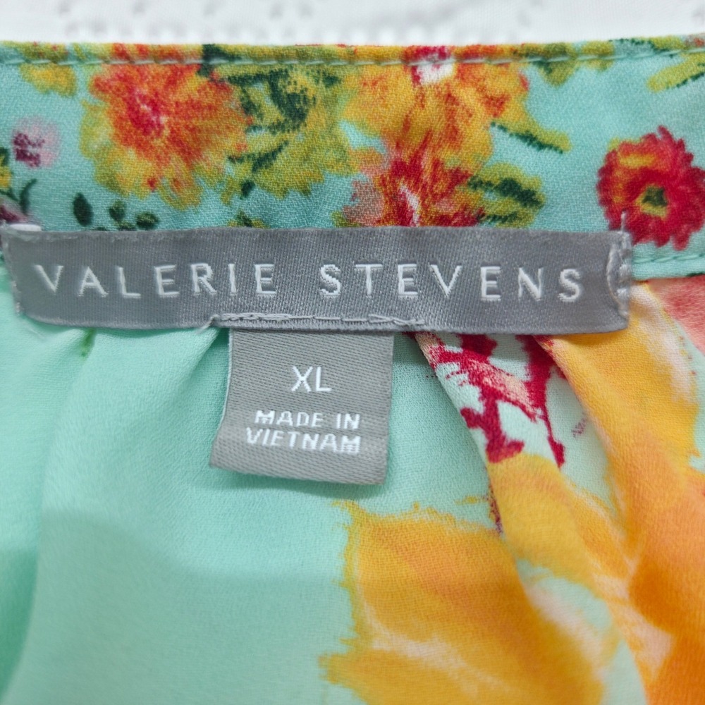 Valerie Stevens Blouse Floral Boho WomenXL Mint Green Mixed Print Balloon Sleeve - Picture 2 of 8